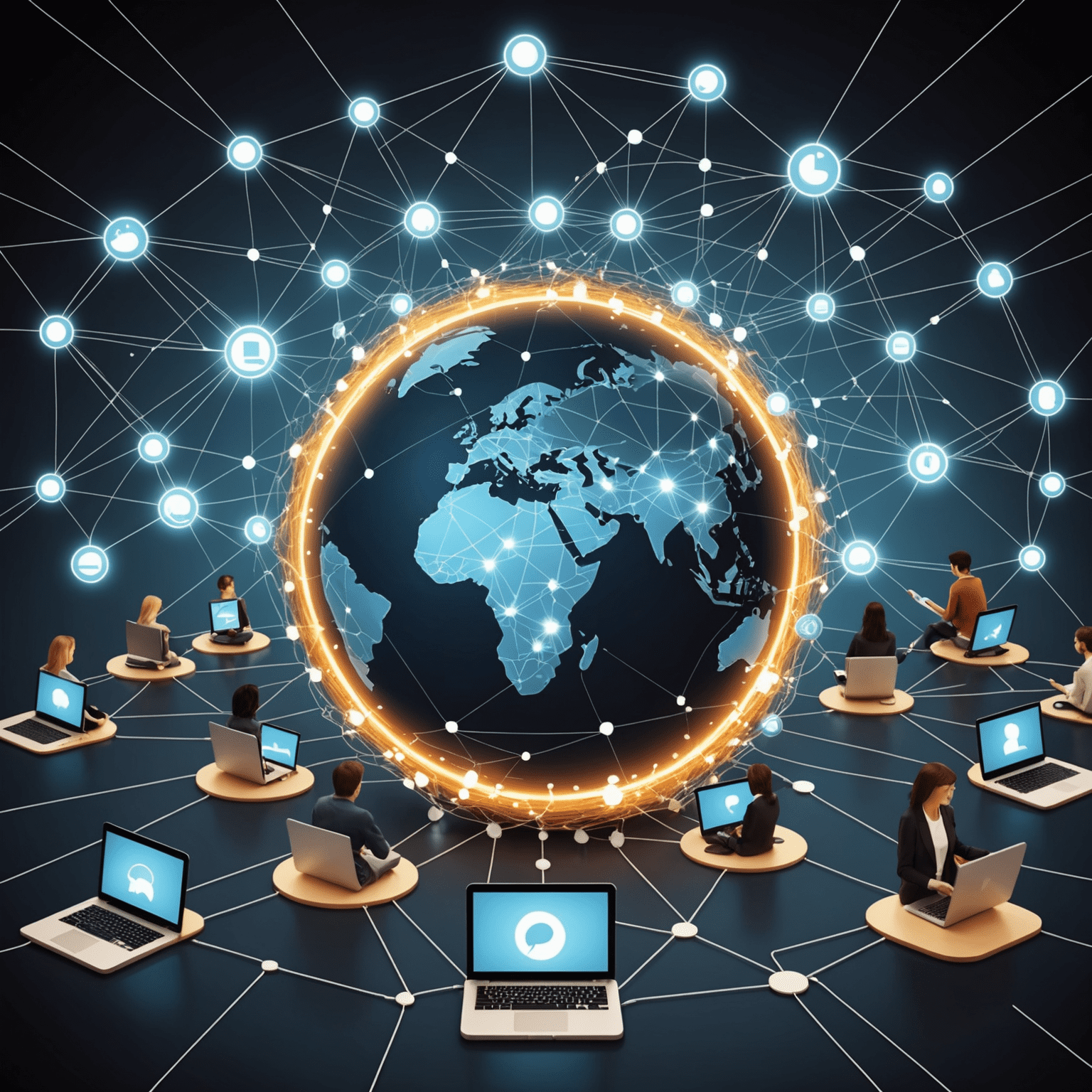 A visual representation of the internet revolution, showing a network of connected devices and people, symbolizing the transformative impact of the internet on global communication and connectivity.