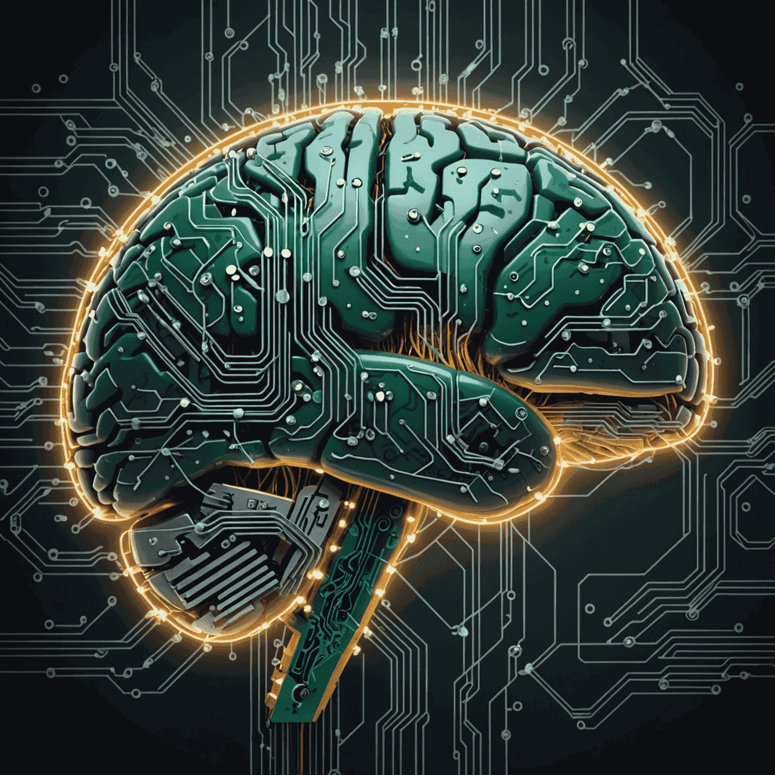 An illustration of a human brain with circuit board elements, representing the fusion of human intelligence and artificial intelligence