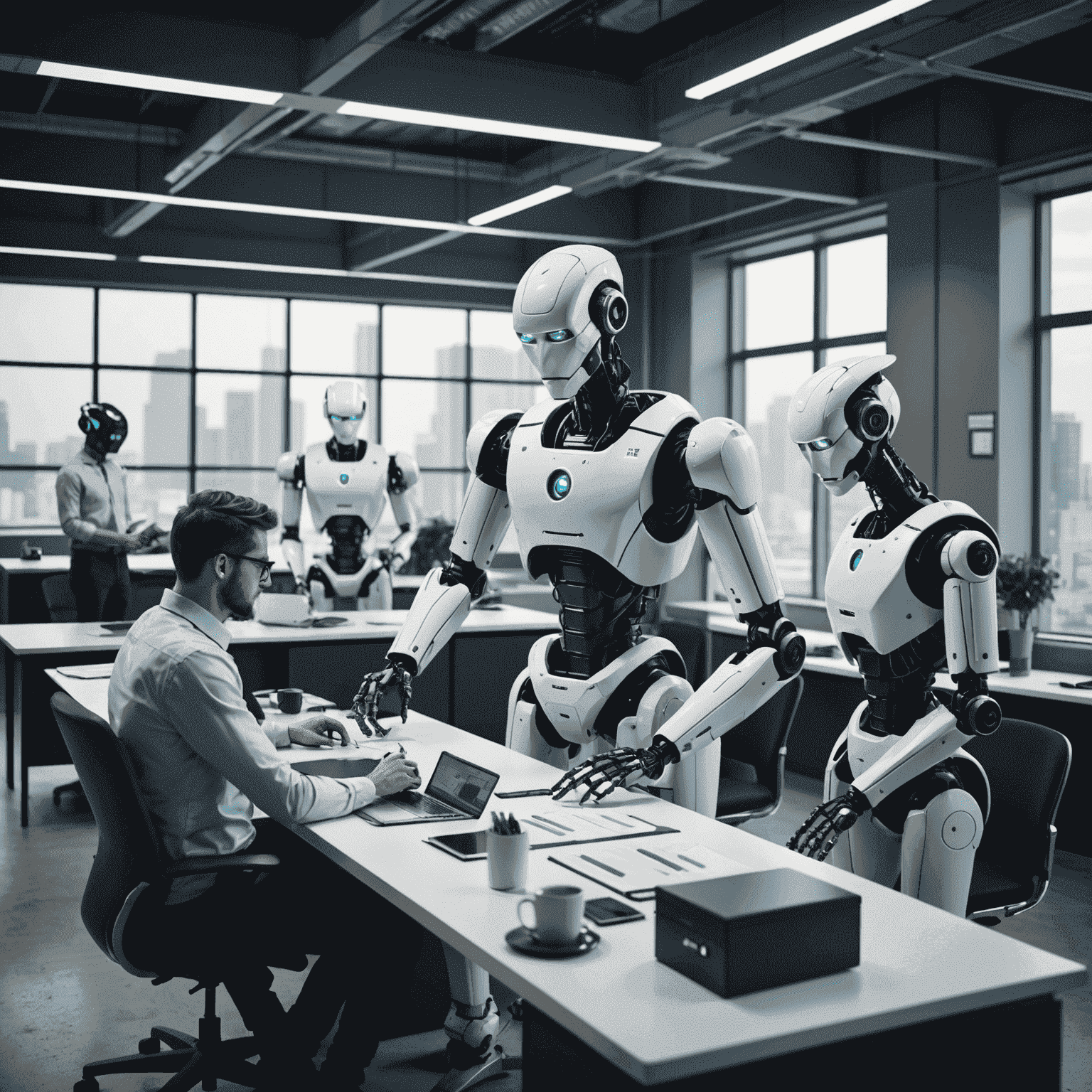 A futuristic image depicting robots and humans working together in a modern office setting, symbolizing the integration of automation into the workforce