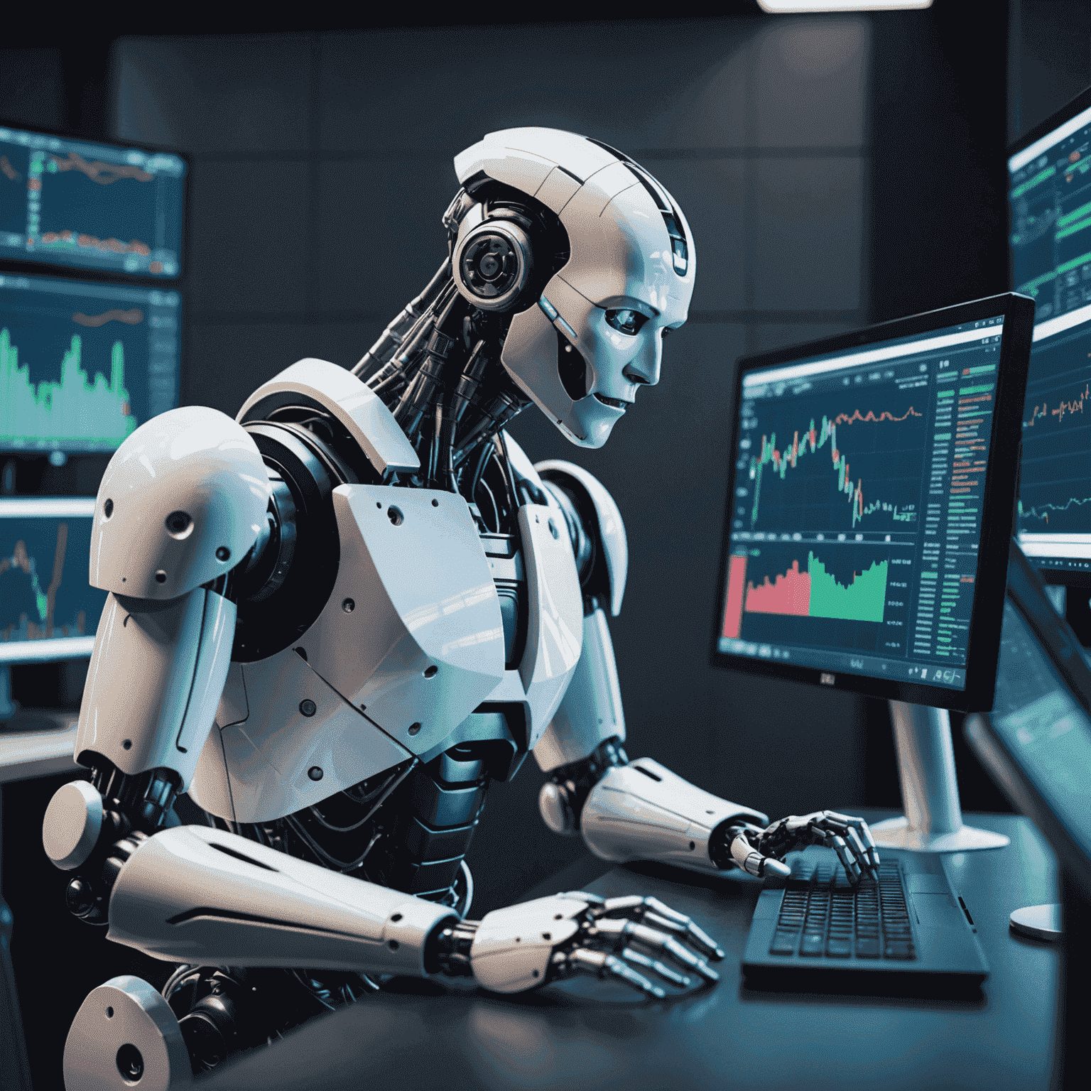 An image depicting artificial intelligence being used in the financial sector, with a robot analyzing stock market data on a computer screen