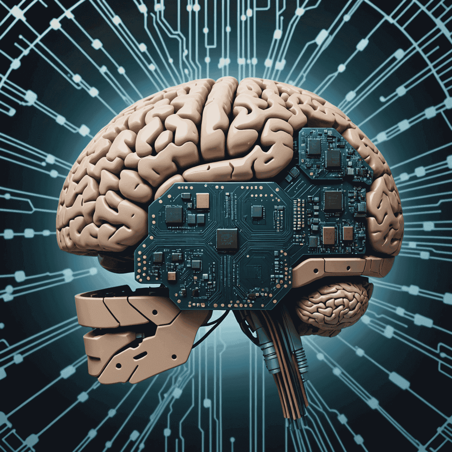 A futuristic image of a human brain merging with a computer chip, symbolizing the integration of artificial intelligence