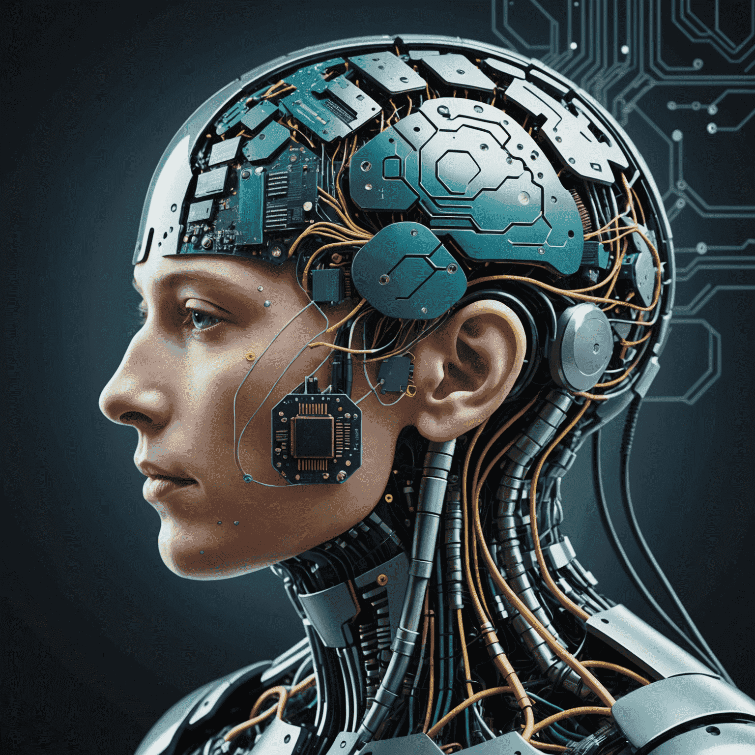 A futuristic illustration of artificial intelligence, featuring a human brain merging with a circuit board, symbolizing the integration of human intelligence with machine learning and advanced algorithms.