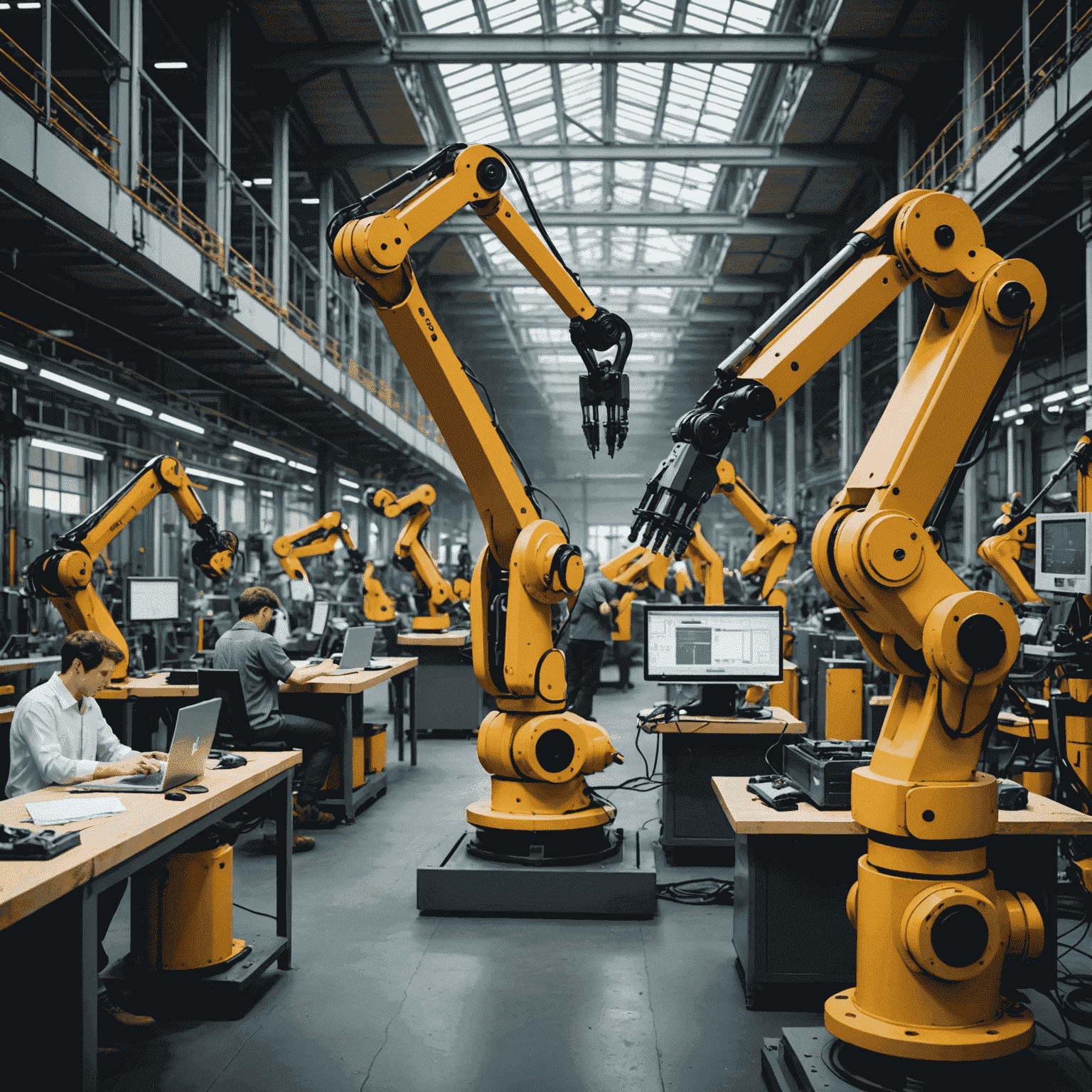 An image illustrating the impact of automation on the workforce, with robotic arms working alongside human workers in a factory setting, representing the changing landscape of work in the era of automation.